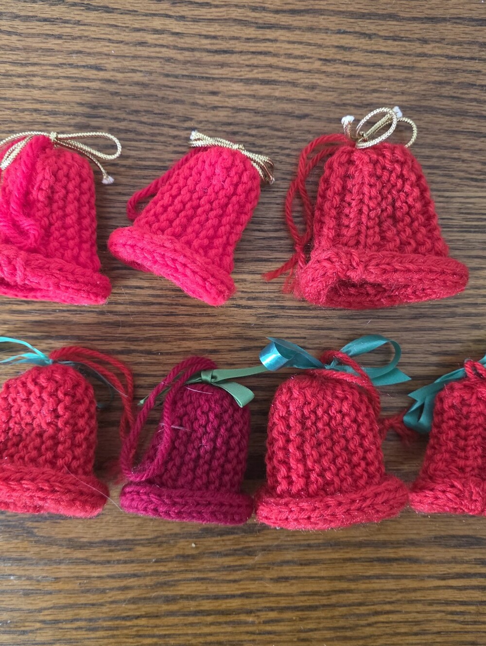 Vintage Handmade Crochet Christmas Bell Ornaments Set of 7 Red Jingle Bell